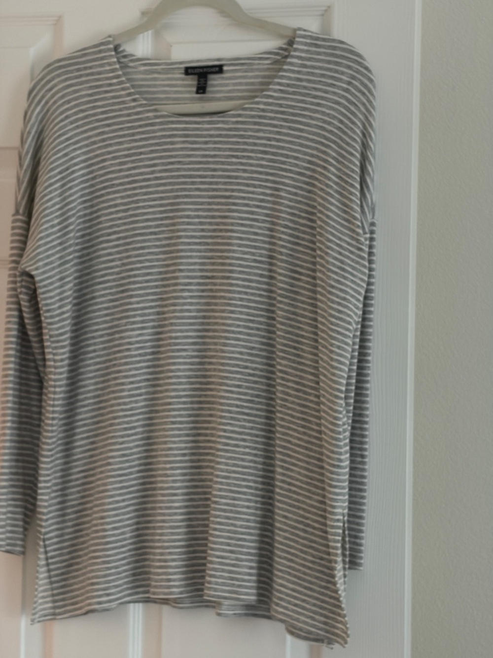 Eileen Fisher Gray & White Striped Long Sleeve Tee